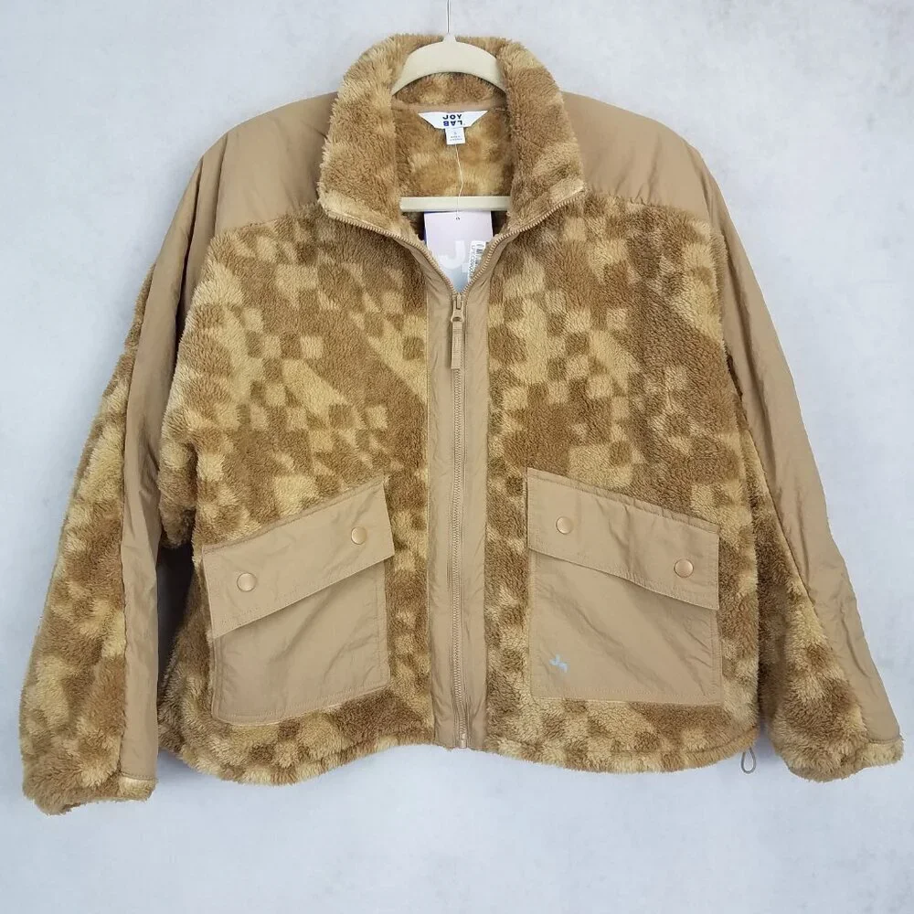 +NEW Joy Lab Size M Oversized Loose Fit Fleece Jacket in Sand Brown Geo Print - Picture 1 of 7